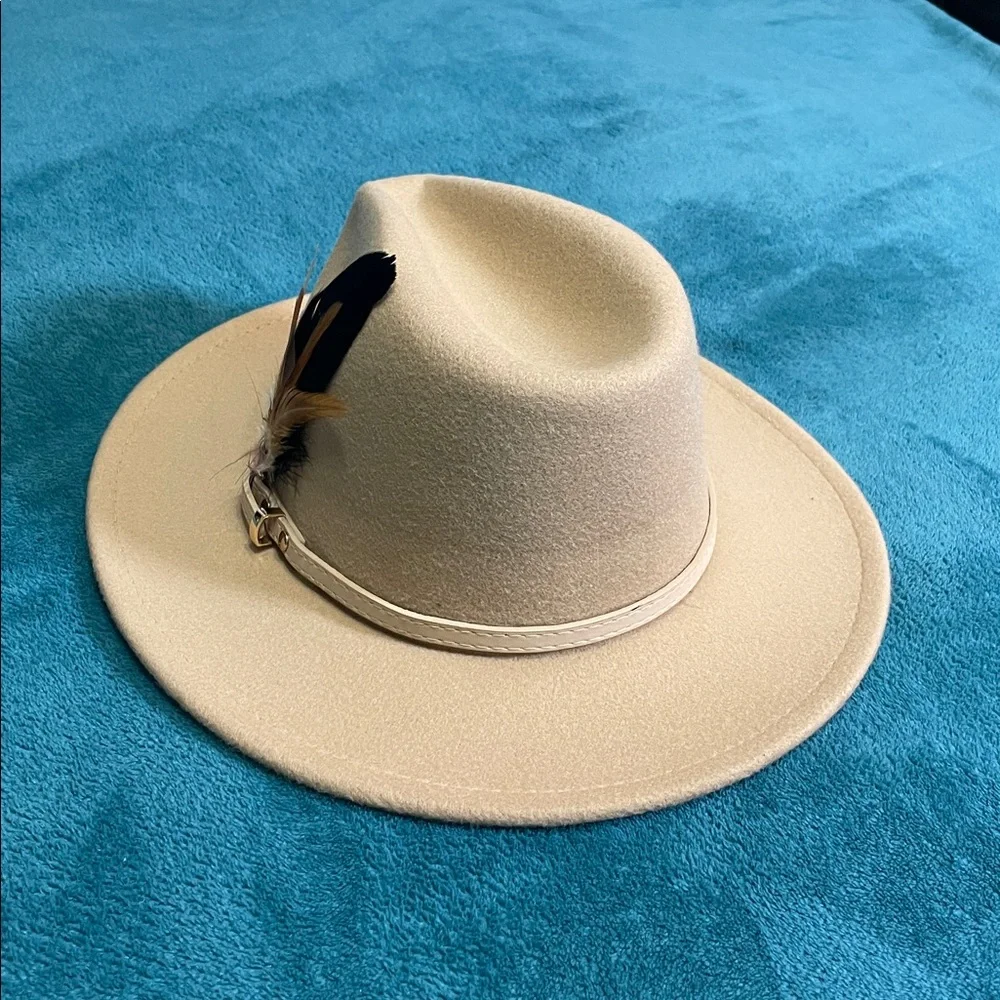 Tan Women's Felt Fedora Western Cowboy Hat White Belt Double Brown Feathers